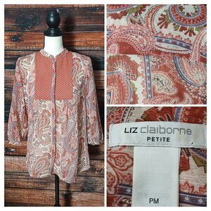 Liz Claiborne Peasant Top M Petite Sheer Boho Paisley Button Front 3/4 Sleeve